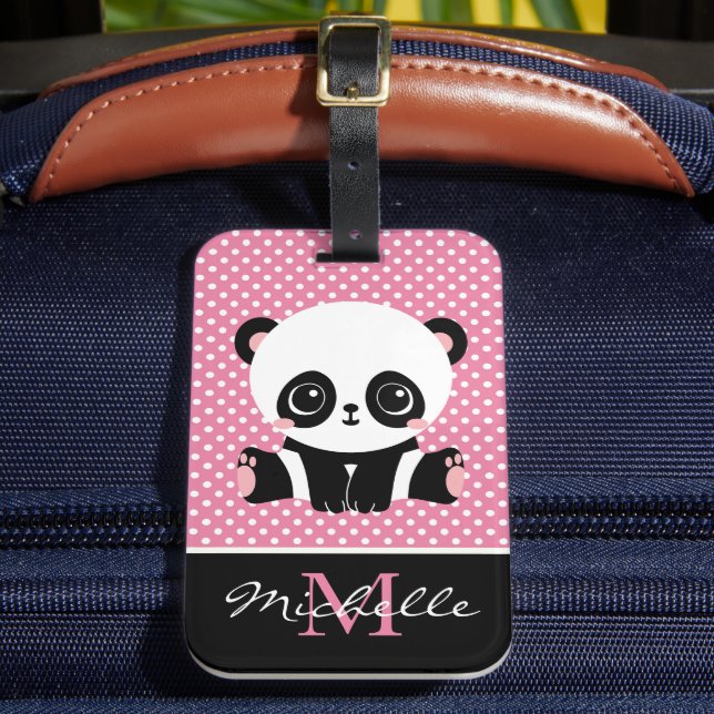 Monogram Niedlich Panda Bär Personalisiert Polka D Gepäckanhänger (Vorderseite Insitu 2)