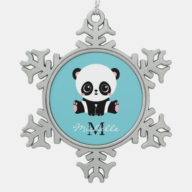 Monogram Niedlich Panda Personalisiert Bubble Gum  Schneeflocken Zinn-Ornament (Vorderseite)