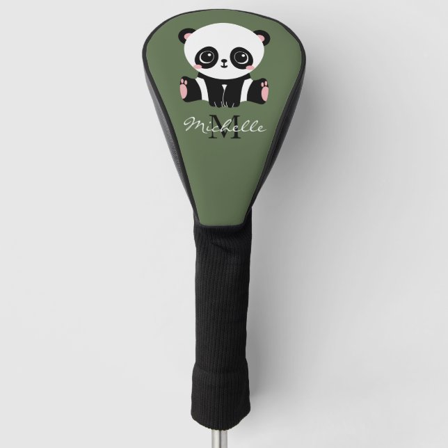 Monogram Niedlich Panda Personalisiert Name Green Golf Headcover (Vorderseite)