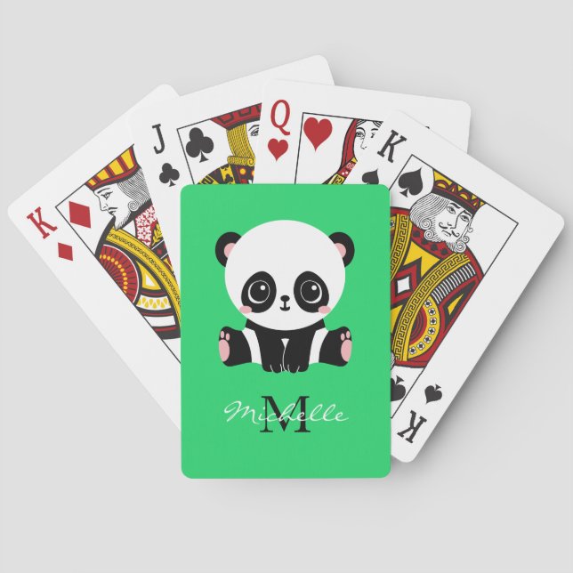 Monogram Niedlich Sitting Panda Personalisiert grü Spielkarten (Rückseite)