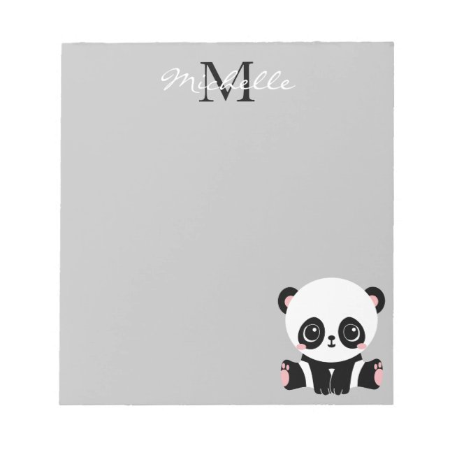 Monogram Niedlich Sitting Panda Personalisiert Sil Notizblock (Vorderseite)