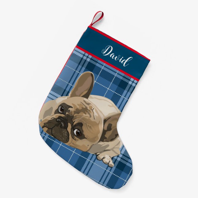 Monogram Niedliches Design lustiger Hund auf blaue Kleiner Weihnachtsstrumpf (Vorderansicht (hängend))