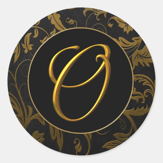 Monogram O Gold and Black Damask Wedding Siegel Runder Aufkleber (Vorderseite)