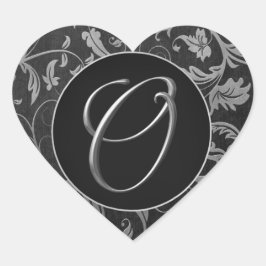 Monogram O Silver and Black Damask Wedding Siegel Herz-Aufkleber
