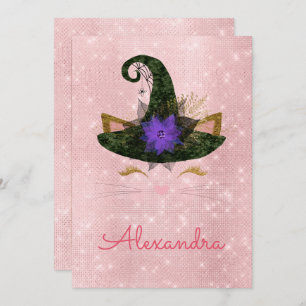 Monogram October Sparkle Kitty Birthday Einladung