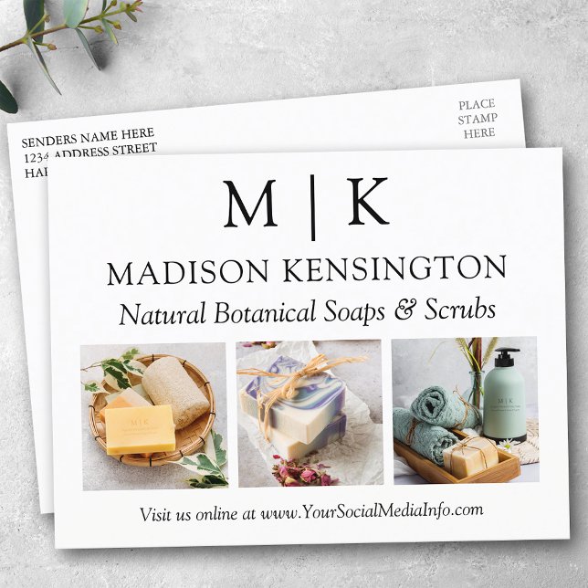 Monogram oder Add-Logo-Business 3-Fotos Postkarte (Edit to Customize text, colors and more.)