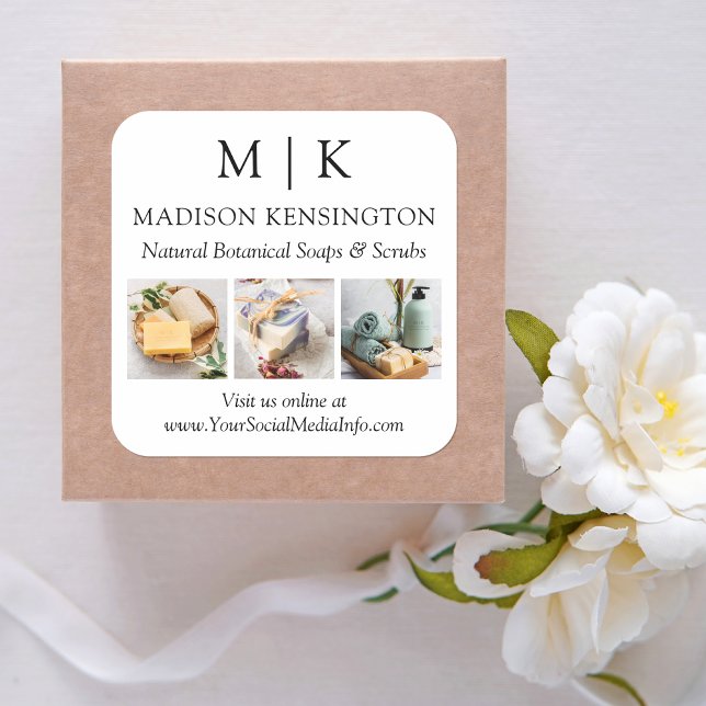 Monogram oder Add-Logo-Business 3-Fotos Quadratischer Aufkleber (Edit to Customize text, colors and more)