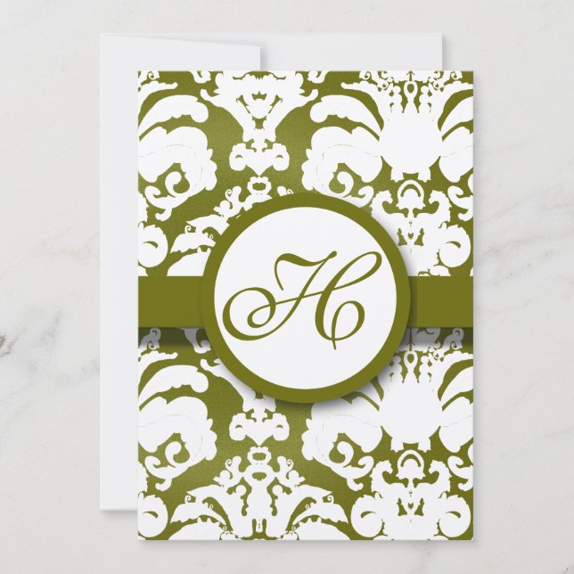 Monogram Olive Damask Einladung (Vorderseite)