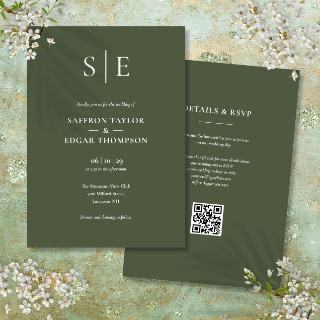Monogram Olive Green QR Code Hochzeit Einladung (Monogram Olive Green QR Code Wedding Invitation)