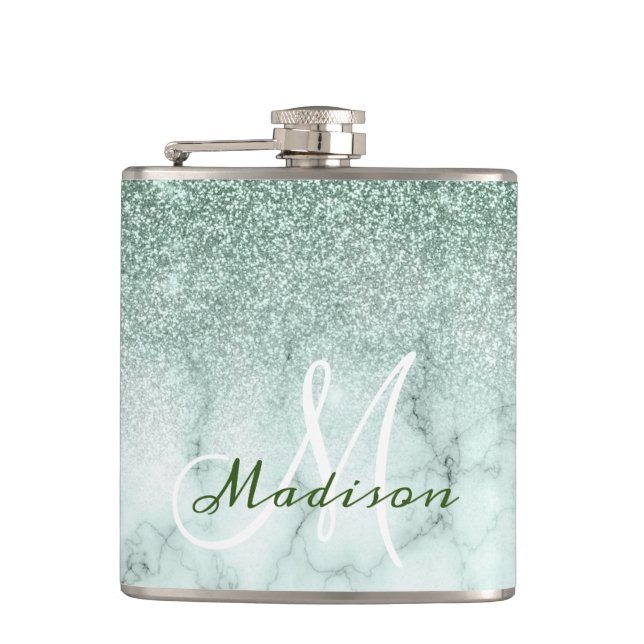 Monogram Ombre Mintgrün Marmor Glitter Flachmann (Vorderseite)