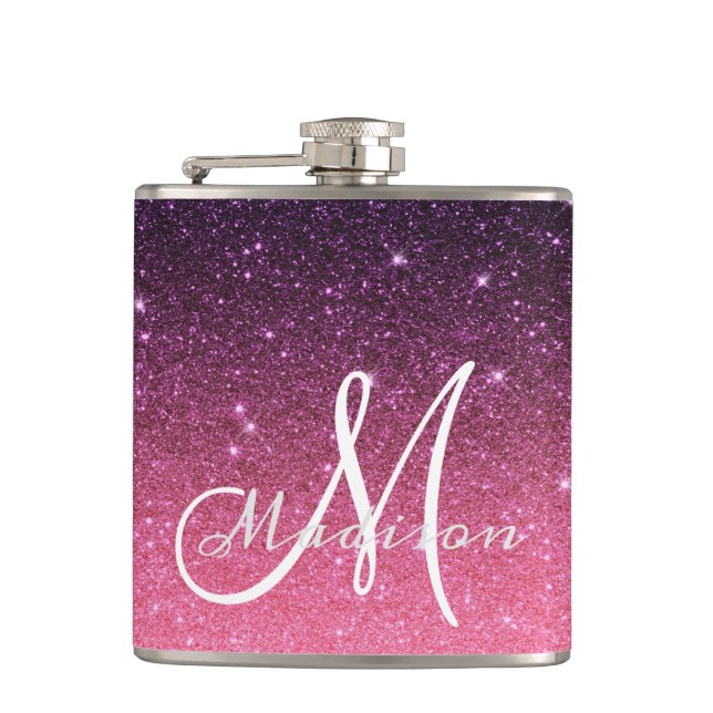 Monogram Ombre Pink Lila Glitzer Geschenk Flachmann (Vorderseite)