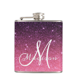 Monogram Ombre Rosa Lila Glitter Geschenk Flachmann