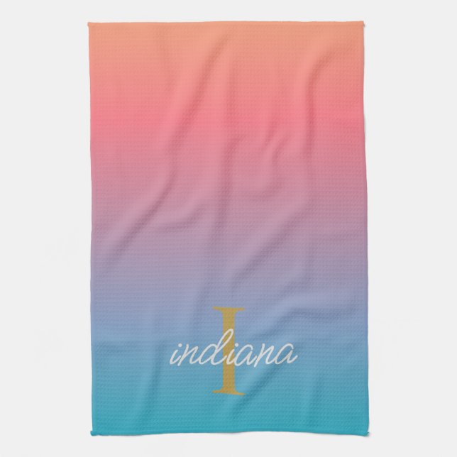 Monogram Orange Blue Ombre Modern Script Name Geschirrtuch (Vertikal)