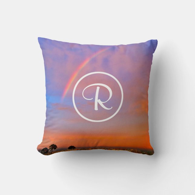 Monogram Orange Blue Sunset Rainbow Foto Modern Kissen (Vorderseite)
