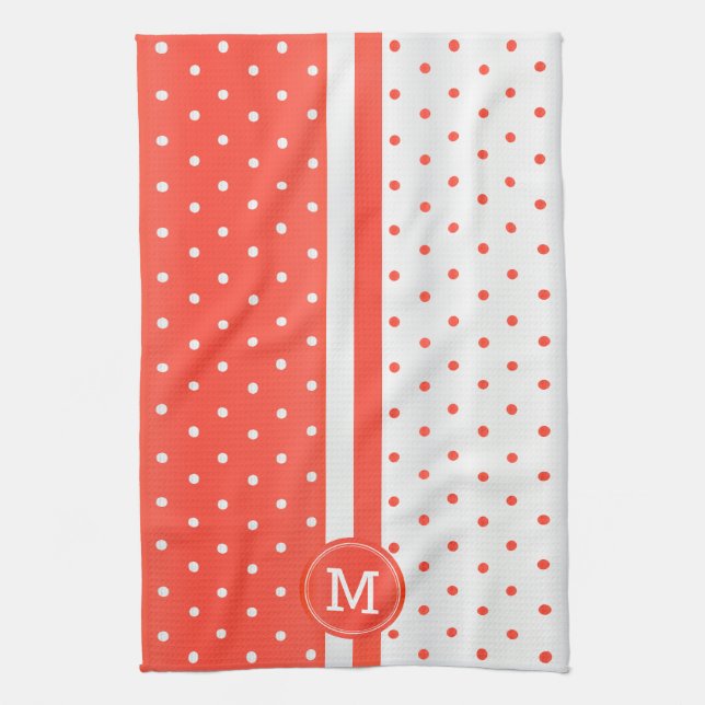 Monogram Orange Coral und White Polka Dot Geschirrtuch (Vertikal)