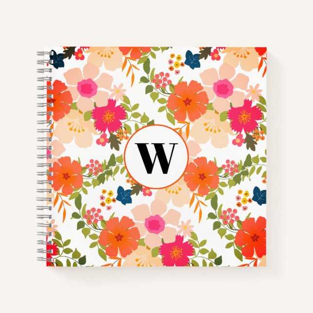 Monogram Orange Floral Muster Spiral Notebook Notizbuch (Vorderseite)