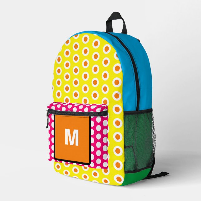 Monogram Orange Green Pink Blue Polka Dots Bedruckter Rucksack (Rückseitige Ecke Rechts)