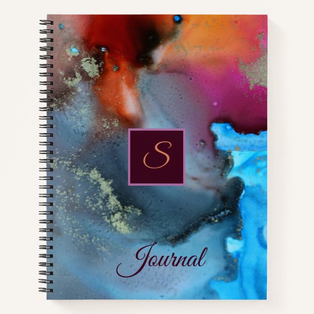 Monogram, Orange Red Abstrakt Waves Notizbuch (Vorderseite)