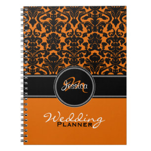 Monogram Orange Schwarz-weiß Damask Hochzeitsplane Notizblock