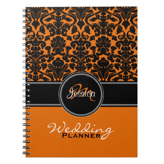 Monogram Orange Schwarz-weiß Damask Hochzeitsplane Notizblock (Vorderseite)