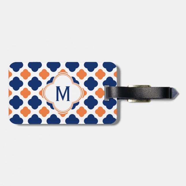 Monogram Orange und Royal Blue Quatrefoil Gepäckanhänger (Rückseite horizontal)