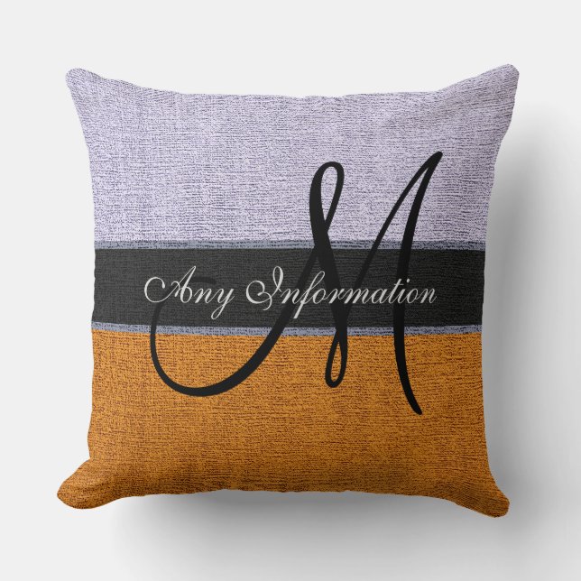 Monogram Orange und Silver Burlap Rustic Jute Kissen (Vorderseite)