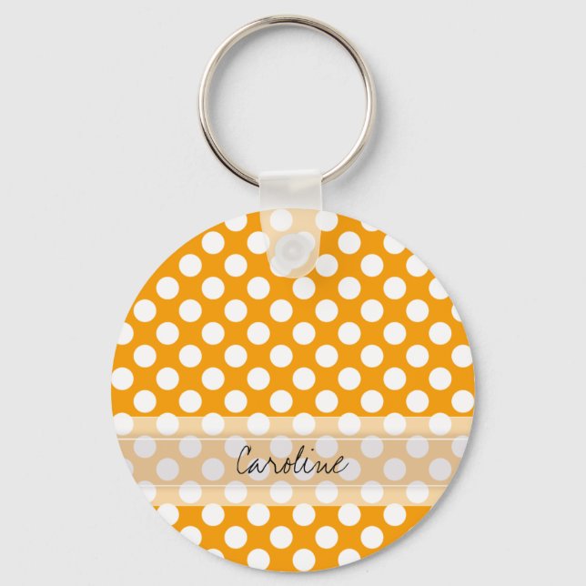 Monogram Orange White Trendy Fun Polka Dot Muster Schlüsselanhänger (Vorderseite)