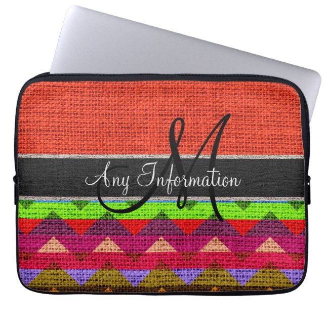 Monogram Orange Zickzack Zigzag Burlap Jute Laptopschutzhülle (Vorderseite)