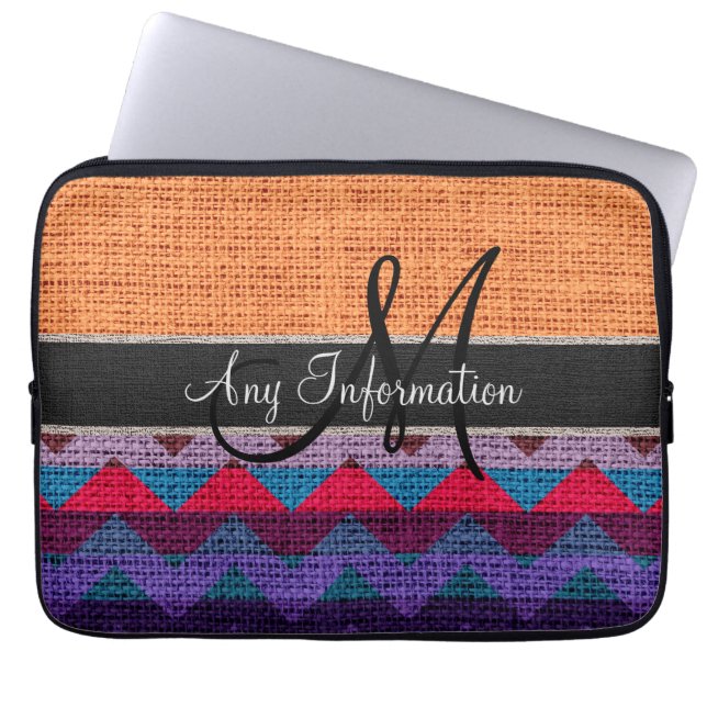 Monogram Orange Zickzack Zigzag Burlap Jute Laptopschutzhülle (Vorderseite)