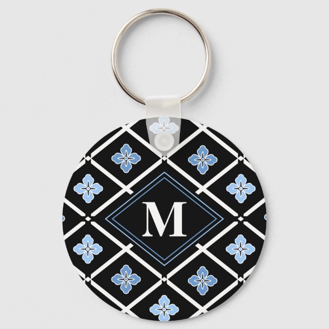 Monogram Oriental Blue Sakura Muster Schlüsselanhänger (Vorderseite)