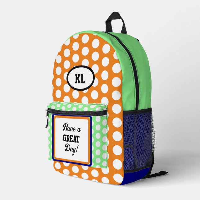 Monogram Oval Great Day Polka Dots Orange Green Bedruckter Rucksack (Rückseitige Ecke Rechts)