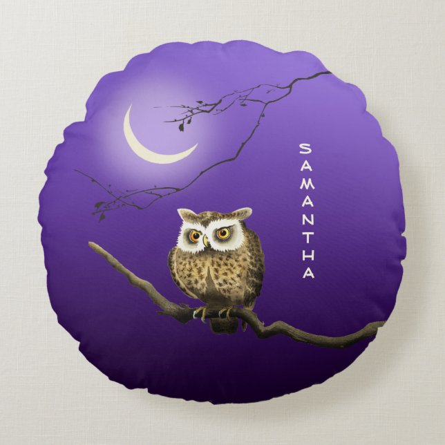 Monogram Owl Night Moon Dark Blue Throw Kissen (Vorderseite)
