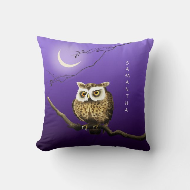 Monogram Owl Night Moonlight Blue Throw Kissen (Vorderseite)