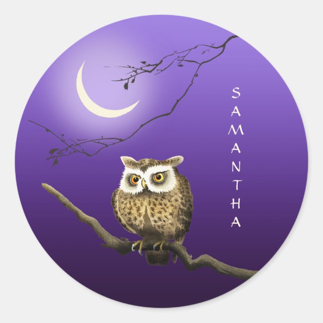 Monogram Owl Night Moonlight Dark Blue Sticker (Vorderseite)