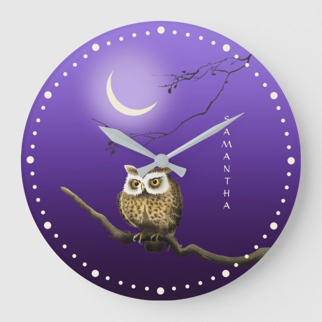 Monogram Owl Night Moonlight Deep Blue Wall Clock Große Wanduhr (Vorderseite)