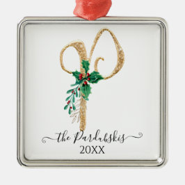 Monogram P Glitzer Gold Christmas Holly Foliage Ornament Aus Metall
