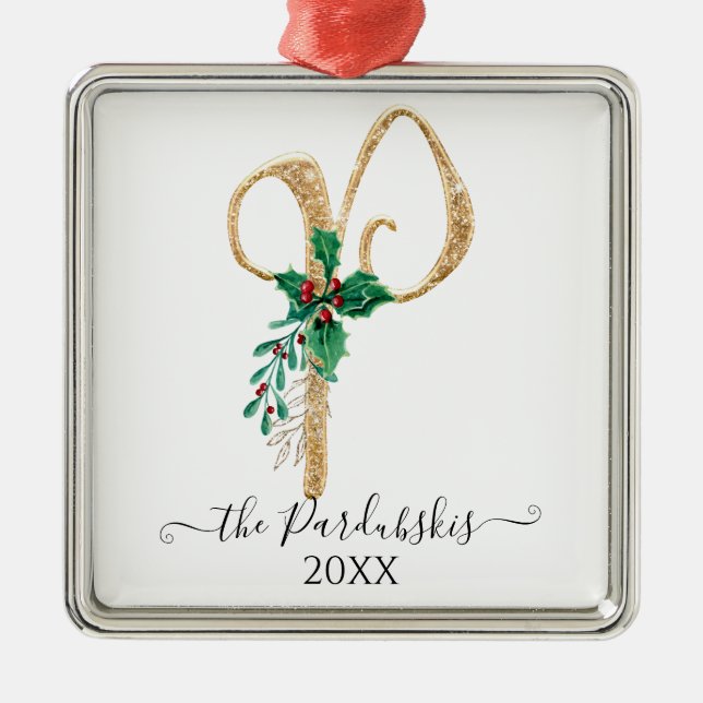 Monogram P Glitzer Gold Christmas Holly Foliage Ornament Aus Metall (Vorne)