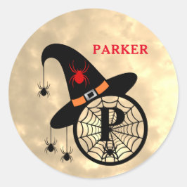 Monogram P Halloween Sky Witch Spiders Name Runder Aufkleber