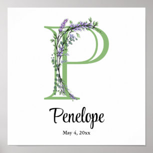 Monogram P Lavendel Eucalyptus Kinderzimmer Poster