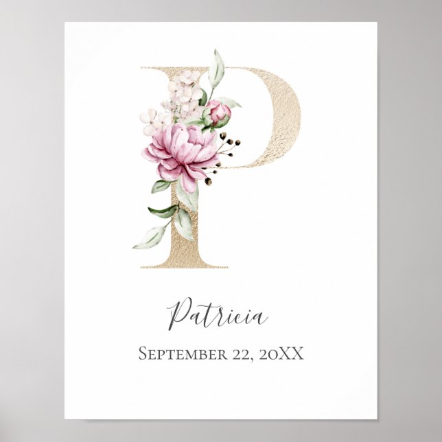 Monogram P Pink White Floral Gold Letter Kinderzim Poster (Vorne)