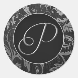 Monogram P Silver and Black Damask Wedding Siegel Runder Aufkleber