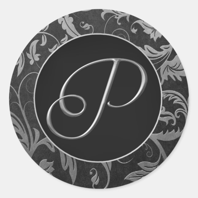 Monogram P Silver and Black Damask Wedding Siegel Runder Aufkleber (Vorderseite)