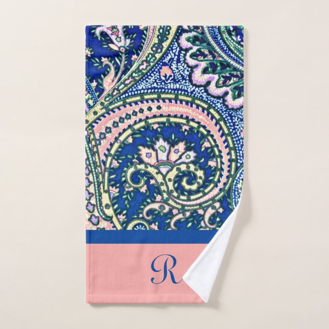 Monogram Paisley Blue Sage Green Blush Pink Handtuch (Handtuch)