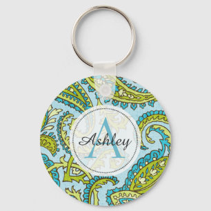 Monogram Paisley Colorful Aqua Boho Trendy Chic Schlüsselanhänger