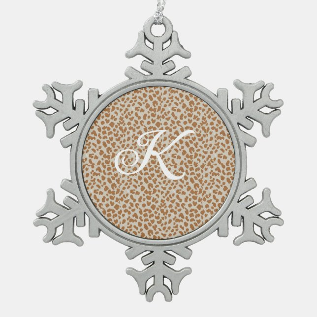 Monogram-Pantherfell hellbraunes Muster Name Buchs Schneeflocken Zinn-Ornament (Vorderseite)