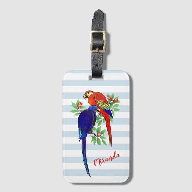 Monogram Parrots Blue Red Blume Gepäckmarke Gepäckanhänger (Vorderseite Vertikal)
