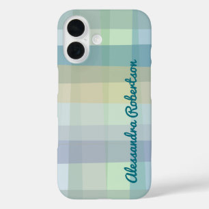 Monogram Pastel Kariert Blue Aquamarin Green Yello iPhone 16 Hülle