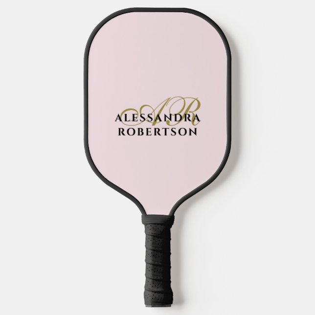 Monogram Pastel Pink Elegante Gold Schwarz Minimal Pickleball Schläger (Vorderseite)