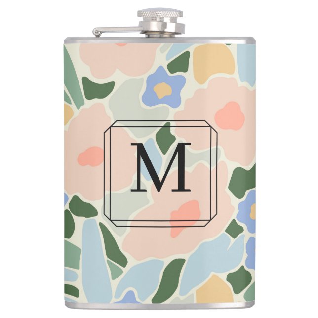Monogram Pastel Pink Light Blue Blume Muster Flachmann (Vorderseite)