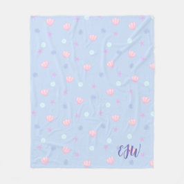 Monogram Pastel Seashells and Pearls in Periwinkle Fleecedecke